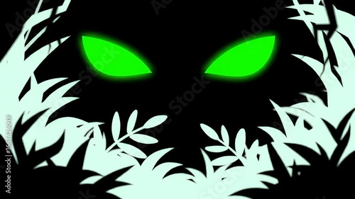 Glowing green eyes stare from a void framed by stylized foliage silhouettes