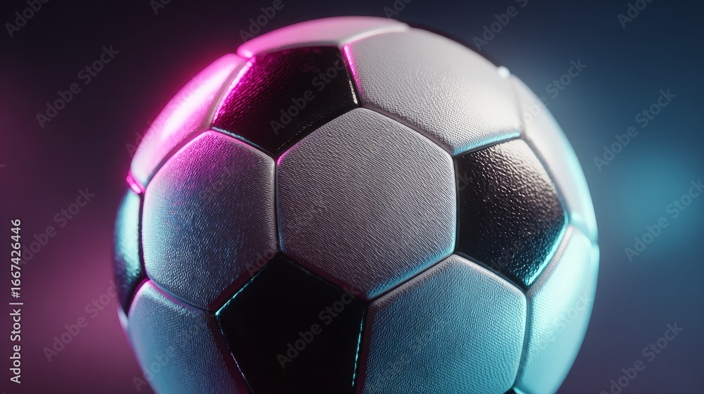 Obraz premium Seamless looping widescreen animation of classic black and white soccer ball rotating with glowing neon cyan and magenta highlights, vibrant futuristic sports design with dark gradient background