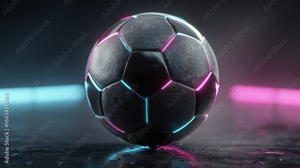 Naklejka premium Seamless looping widescreen animation of classic black and white soccer ball rotating with glowing neon cyan and magenta highlights, vibrant futuristic sports design with dark gradient background