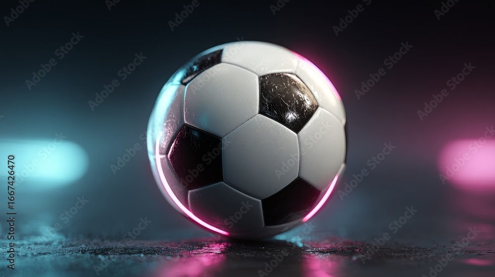 Naklejka premium Seamless looping widescreen animation of classic black and white soccer ball rotating with glowing neon cyan and magenta highlights, vibrant futuristic sports design with dark gradient background