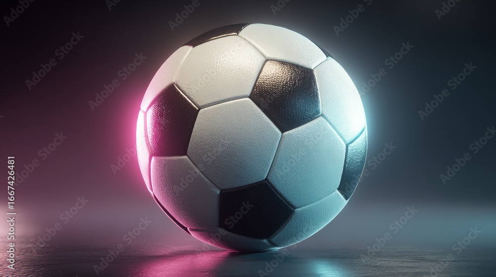 Fototapeta premium Seamless looping widescreen animation of classic black and white soccer ball rotating with glowing neon cyan and magenta highlights, vibrant futuristic sports design with dark gradient background