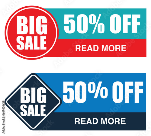 Sale Round Banner Set – 50% OFF Big Sale Tag and Special Offer Circle & Diamond Badge for Promotions and E-commerce Ads