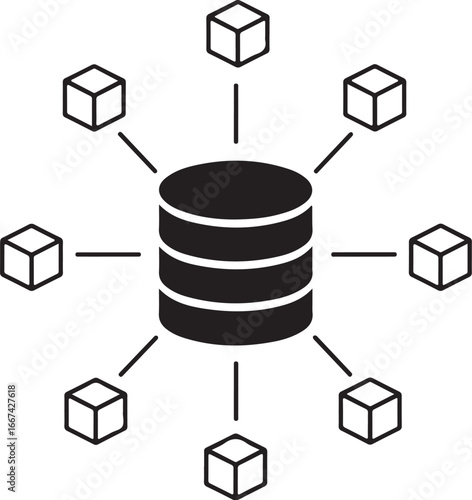 Vector art of central database connected to multiple data blocks