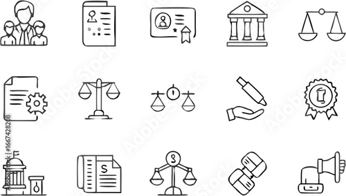 Vector illustration showing a collection of law and business related icons in a hand drawn doodle style set up