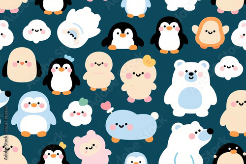 Cute kawaii penguins and polar bears seamless illustration.
