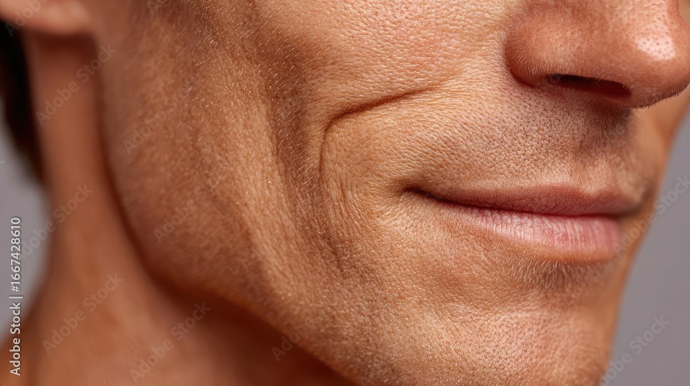 Obraz premium Closeup of arm with visible goosebumps concept. Close-up of a man's facial features and smiling expression.