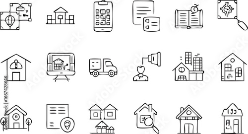 Vector illustration of real estate icons including house plans houses computer delivery truck and more in black outline