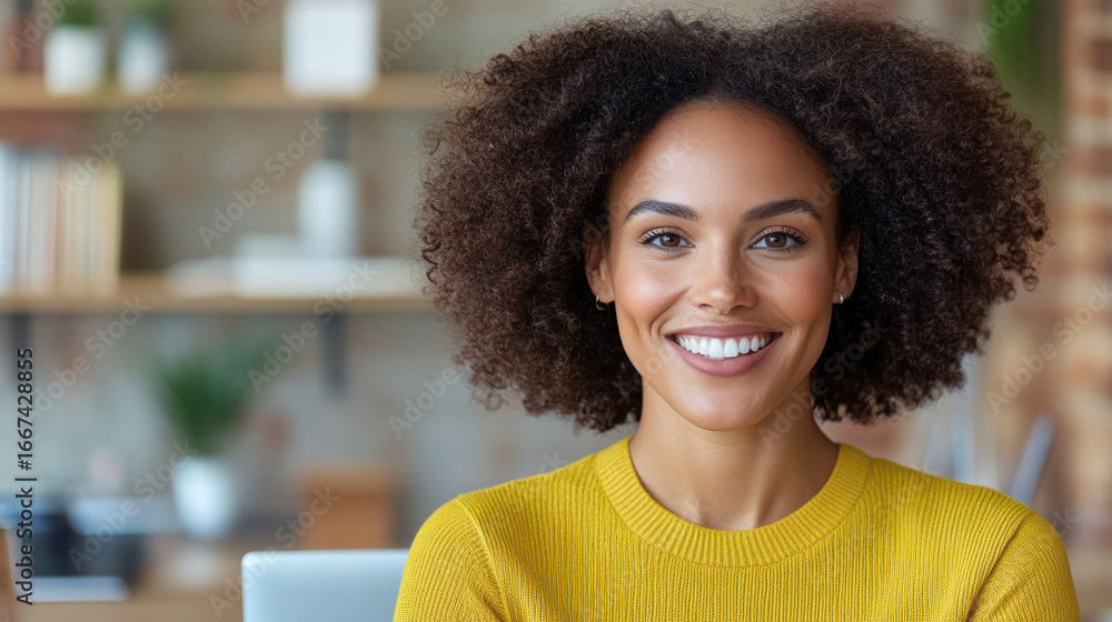 Fototapeta premium Bright smile, curly hair, cheerful expression, casual attire