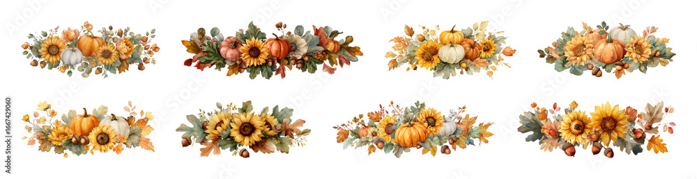 Fototapeta premium PNG Autumn floral arrangements with pumpkins, element set on transparent background