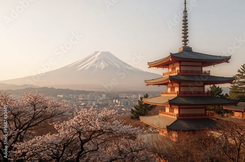 Sunrise Pagoda, Fuji backdrop, cherry blossoms, city view, travel