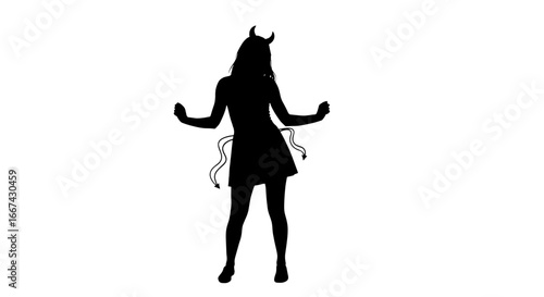 A silhouette of a devil woman in black against a light backdrop. halloween theme