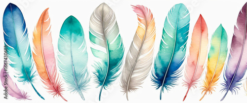 Colorful watercolor feathers on white background. Soft pastel feathers with watercolor gradient. Gentle pastel feather design with artistic watercolor effect. 