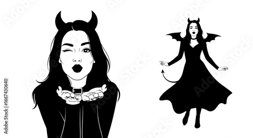 Elegant depiction of a woman with horns, sending a kiss, in a devil costume. A creative illustration emphasizing the demonic theme. halloween theme