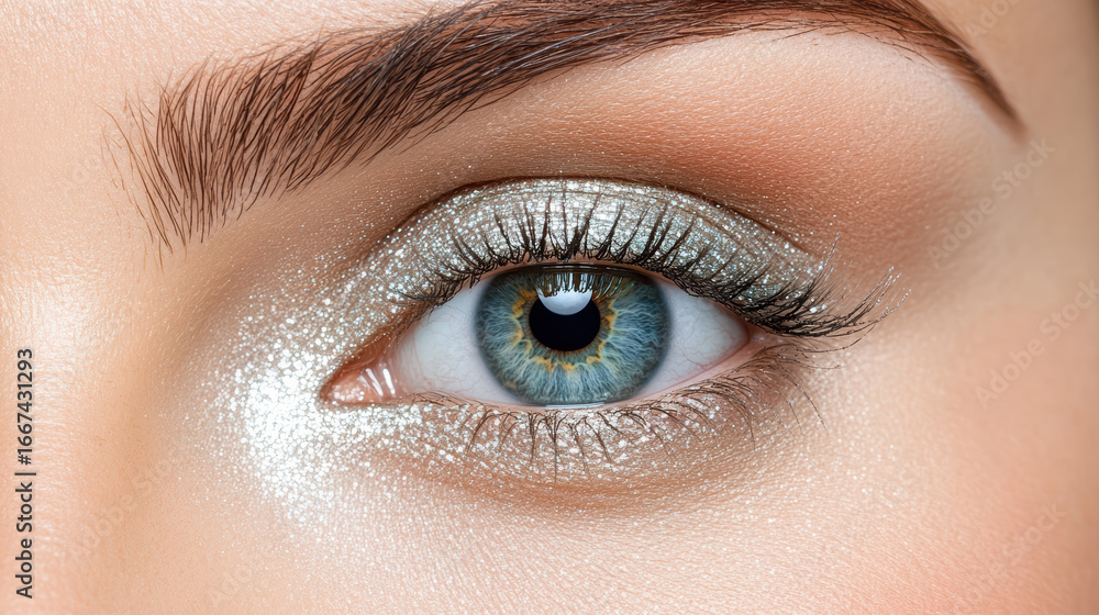 Obraz premium Glamorous eye makeup features shimmering silver eyeshadow and long eyelashes, enhancing beauty