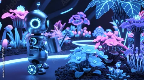 Wallpaper Mural Futuristic Robot Watering Flowers in a Neon Garden: A 3D Rendered Scene with Glowing Plants, Metallic Robot, and Water Animation in a Dark, Vibrant, and Dreamlike Setting Torontodigital.ca