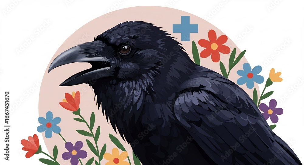 Fototapeta premium 花とカラスのイラスト素材
