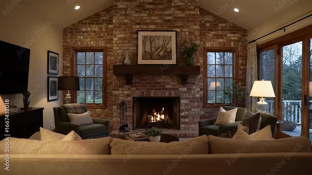 custom made wallpaper toronto digitalCozy living room with brick fireplace, warm lamps, comfortable seating, and natural light