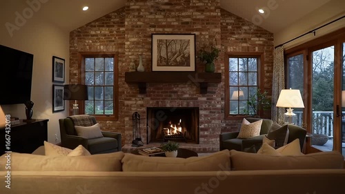 Wallpaper Mural Cozy living room with brick fireplace, warm lamps, comfortable seating, and natural light Torontodigital.ca