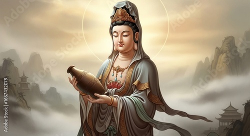 Serene Guanyin Bodhisattva with Sacred Vase, Radiating Compassion Over Misty Mountains