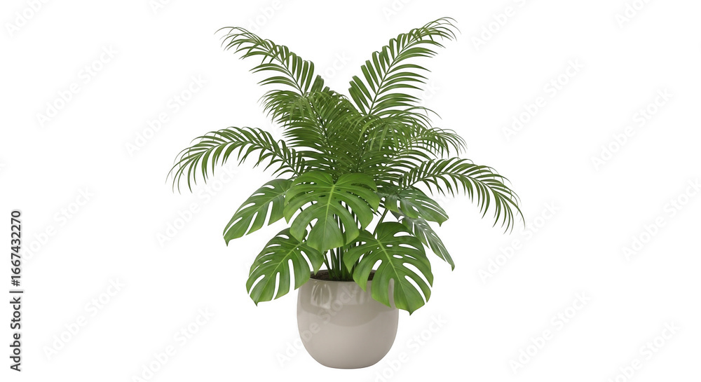 Obraz premium Potted palm and monstera plant isolated on transparent background, perfect for adding a touch of tropical greenery to any modern home or office space