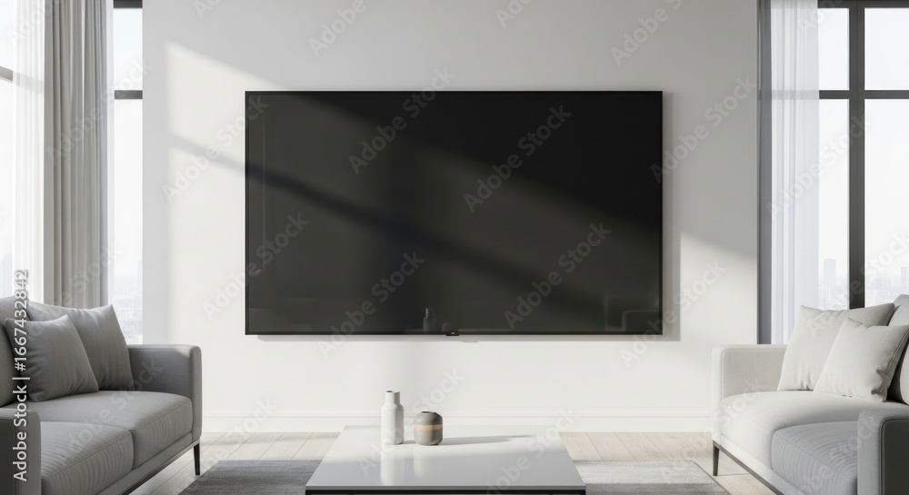 Fototapeta premium Serene Monochromatic Living Room with a Large Wall-Mounted TV and Soft Window Light