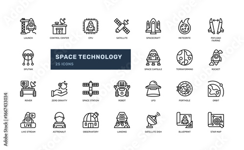 Space technology icon set outline style with research rockets and astronomy