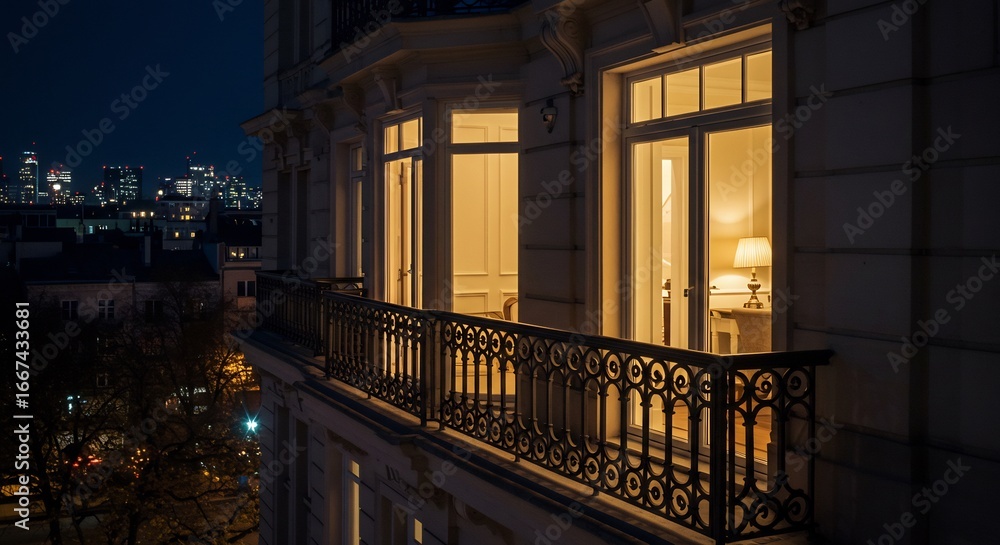Obraz premium 夜景の美しいバルコニーのある建物