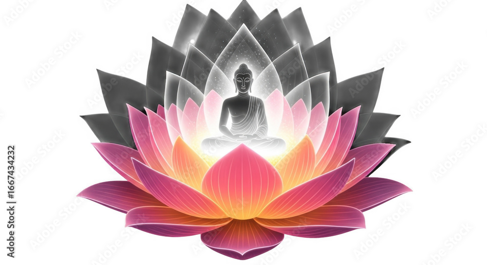 Obraz premium Meditating buddha silhouette in lotus flower with glowing aura isolated on transparent background, representing peace, spirituality and enlightenment