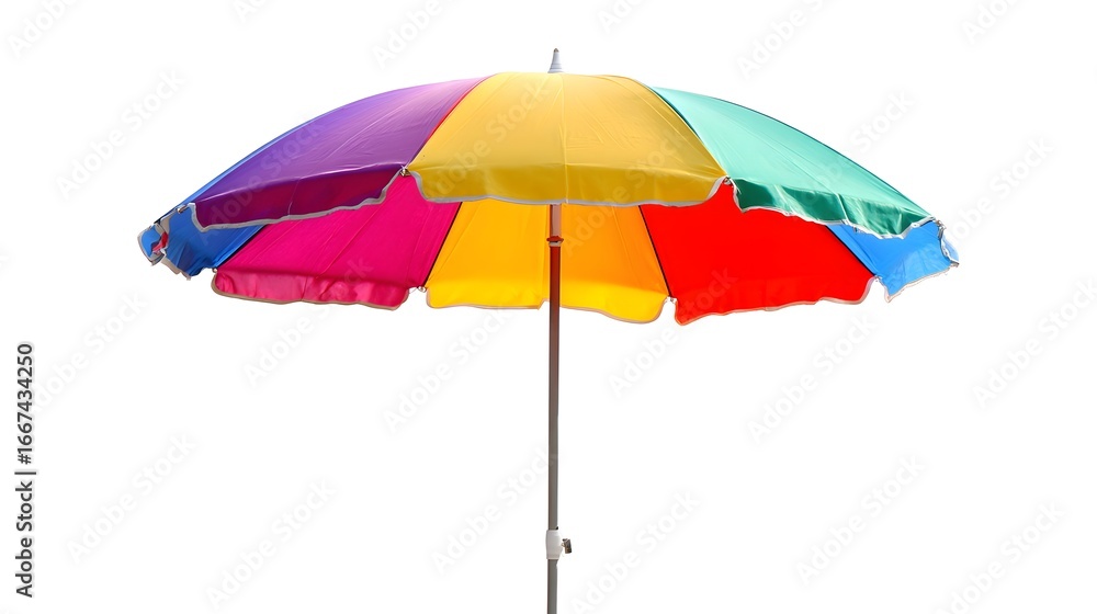 Obraz premium A vibrant beach umbrella offering shade with its colorful design