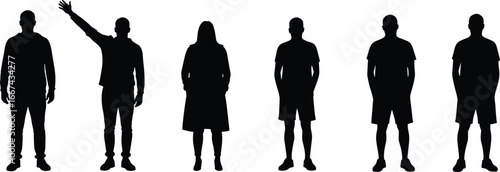 Silhouettes of men and woman standing, casual people in different poses, lifestyle concept, body shape outline, black vector illustration