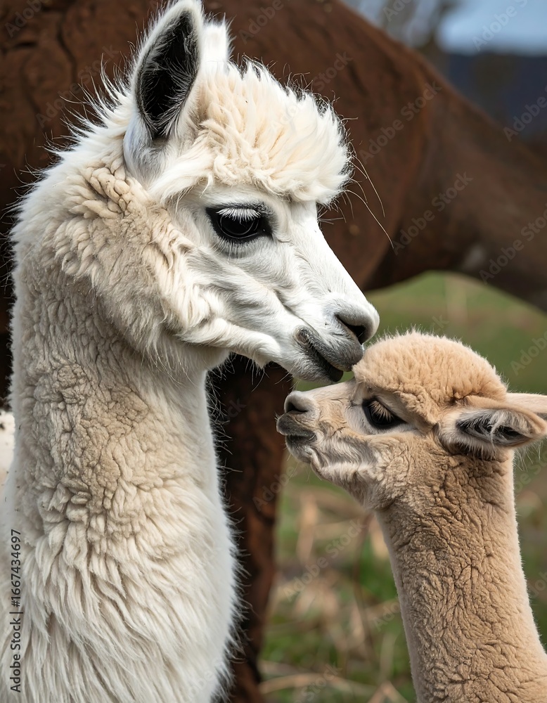 Obraz premium Two alpacas, one white and one light beige, gently nuzzle together, showcasing their soft fleece and affectionate bond.