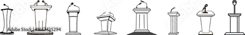 Set of Podium Illustrations Featuring Various Designs and Microphone Styles.