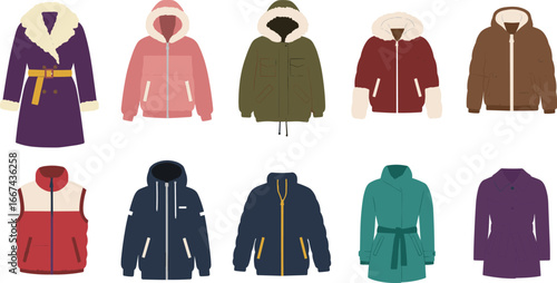 Winter jackets and coats collection, trendy outerwear for cold weather, insulated parkas, puffer jackets, warm stylish fashion clothing design