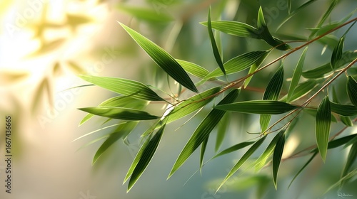 This image features sunlit green bamboo leaves, showcasing natural light and vibrant foliage in a serene outdoor setting.