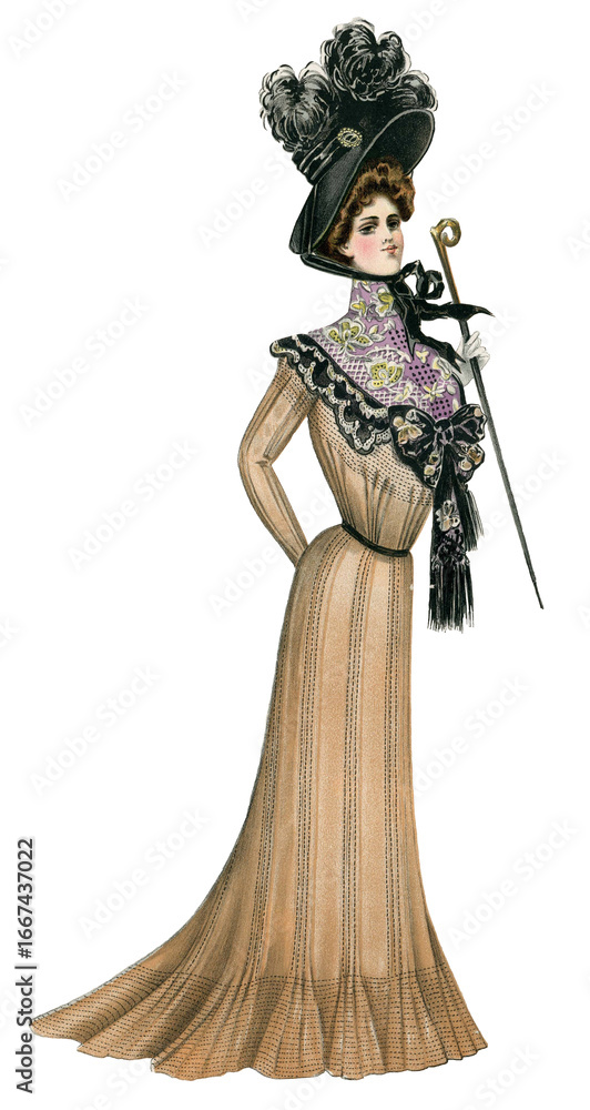 Fototapeta premium 1899 Belle Époque fashion plate of a striped day dress with lace, embroidery, feathered hat, and parasol —&nbsp;fashion plate, Le Costume Royal (December 1899)