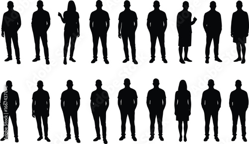 Silhouettes of standing men and women, diverse people poses, casual clothing, human figures, business individuals, vector illustration design