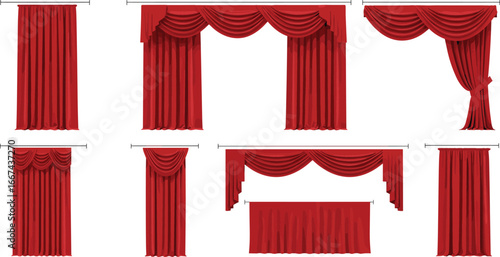 Elegant red curtains set, window drapes, luxurious fabric, stage decor, classic home interior, theatrical curtains, various styles