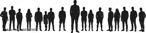 Silhouettes of men and women standing together, diverse people group, business teamwork concept, vector illustration, human figure design, posture