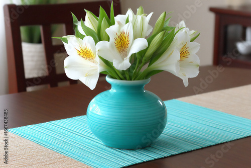 a photograph featuring a floral centerpiece designed with korean celadon pottery as a vase