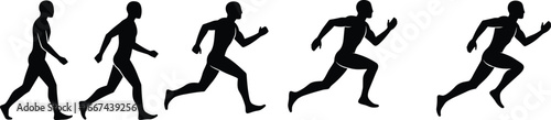Silhouette running man sequence showing jogging, sprinting, athlete motion, fitness training concept, human body movement, sports activity illustration vector