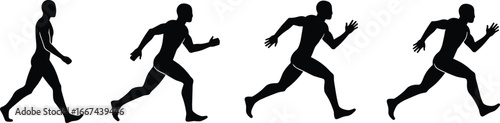 Silhouette man running sequence illustration, athlete sprinting motion, fitness exercise training, sports activity, jogging posture, human body movement vector art