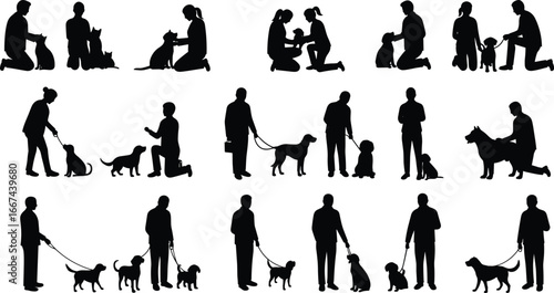 Dog training silhouette collection, people walking dogs, pet obedience, owner bonding, leash walking, puppy care, veterinary visit, animal companionship illustration