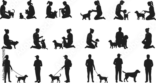 Dog training silhouette vector, people walking dogs, puppy obedience illustration, pet care, owner bonding, leash walking, animal companionship graphic