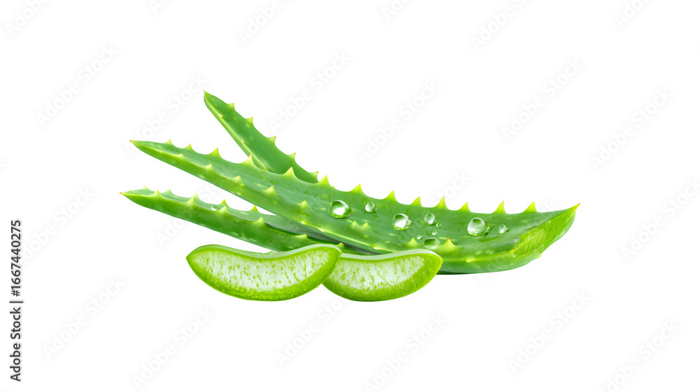 Naklejka premium A fresh slice of aloe vera showcasing its succulent texture and vibrant green color 