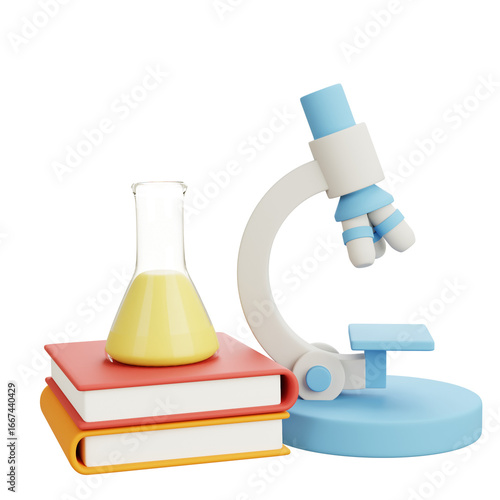 3D cartoon microscope with yellow flask on books, isolated on white background, playful science education icon for research, laboratory, chemistry, and learning.