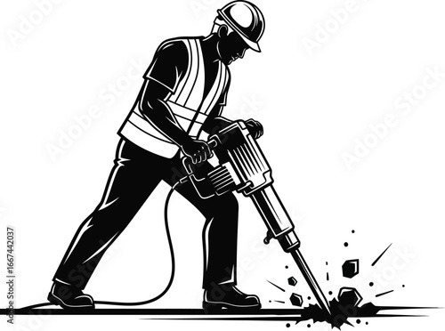 Vector art of a construction worker using a jackhammer