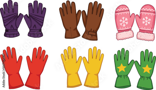 Collection of colorful gloves and mittens, winter and utility wear, fashion accessories for cold weather, cartoon style illustration set.