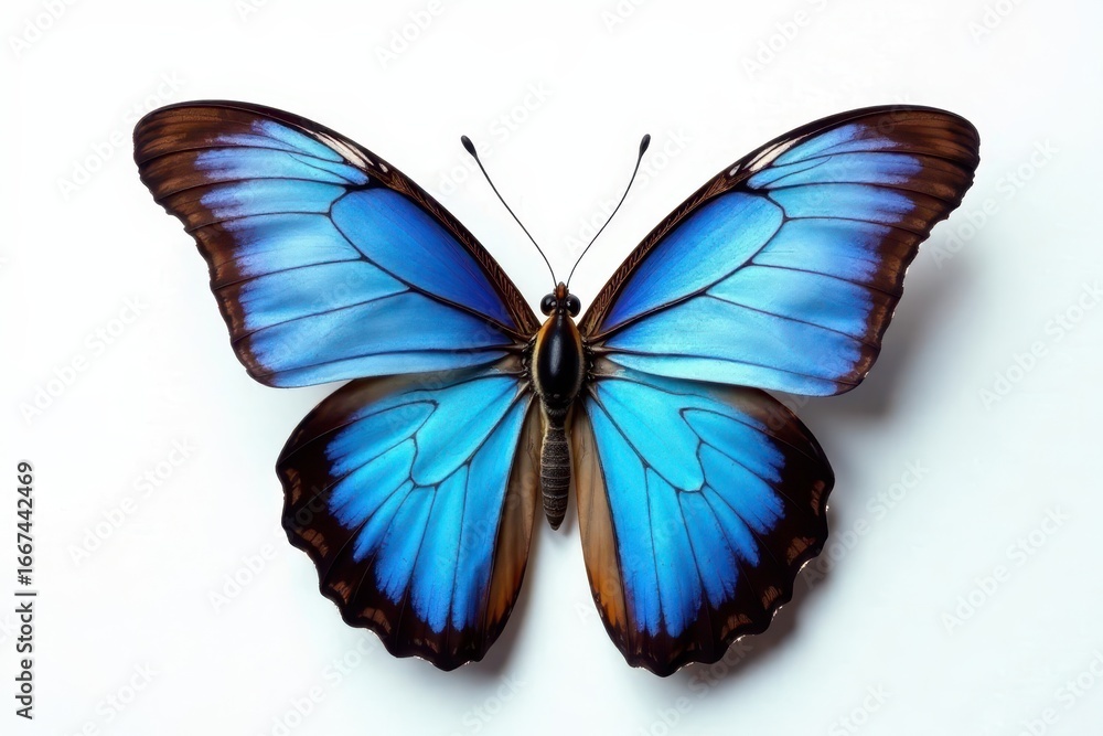 Obraz premium Single blue morpho butterfly, sharp detail, pure white backdrop , morpho, lepidoptera