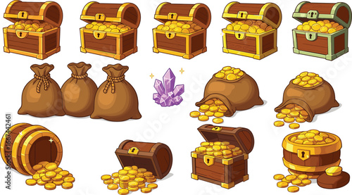 Cartoon treasure chests, gold coins, money bags, crystals, barrels, fantasy game assets, loot, riches, wealth, digital illustration.