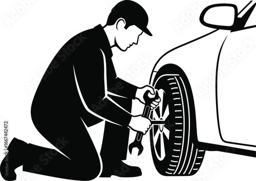 Vector art of a mechanic repairing the tire of a car with a wrench.